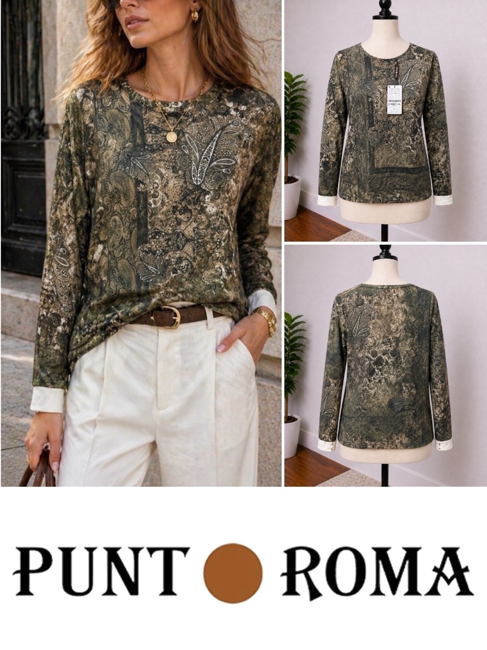 Punt Roma | NWT European Olive Green Paisley Printed Long-Sleeve Top (size M)